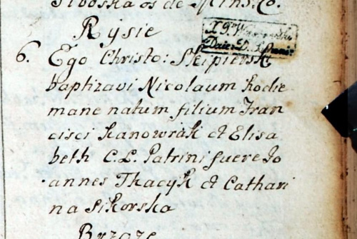 Akt chrztu Mikołaj Konowrocki r. 1750 #scan