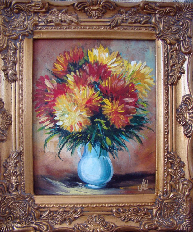 Blumen 34x30cm Ölgemälde handgemalt Rahmen Sygniert