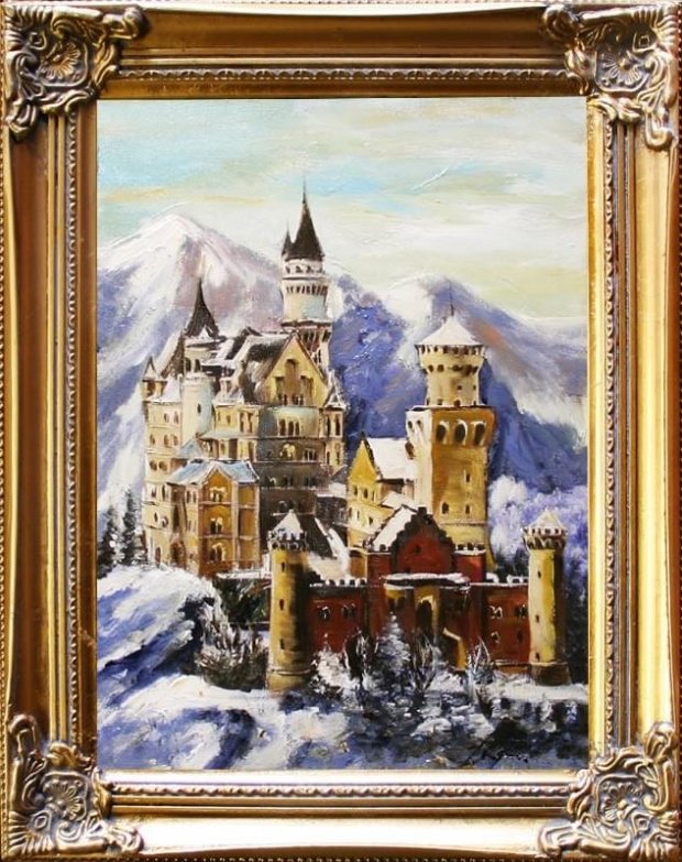 Schloss Neuschwanstein -47x37cm Ölgemälde schönen Golden Rahmen